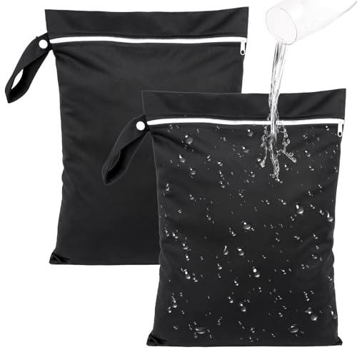 Deepton 2 Stück Nassbeutel Schwimmen, wasserdichte Nasstasche 40 x 30 cm, Schwarz Wetbag Schwimmsachen mit Reißverschluss, Wiederverwendbar Reise Wäschesack für Schmutzige, Strandtücher, Windeln