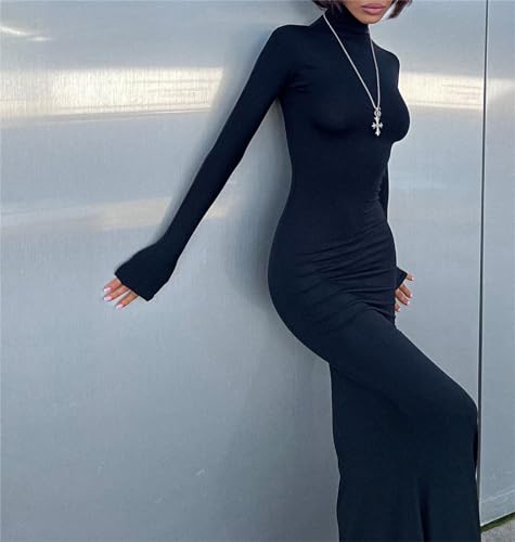 Long Sleeve Maxi Dress for Women - Casual Turtleneck Bodycon Formal Dresses Elegant Mermaid Hem 20253