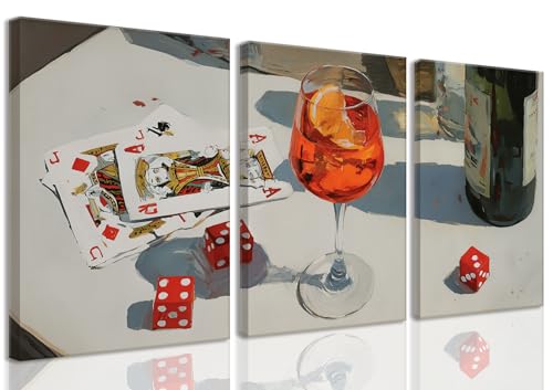WOKAOGO Cocktail Bar Wall Art, Vintage Dice And Poker Canvas Wall Decor Painting, Whiskey Liquor Bar Still Life Artwork Framed Poster Print Picture for Men Game Room Kitchen Dining Room Home Decor by WOKAOGO - Used condition - US$30.85