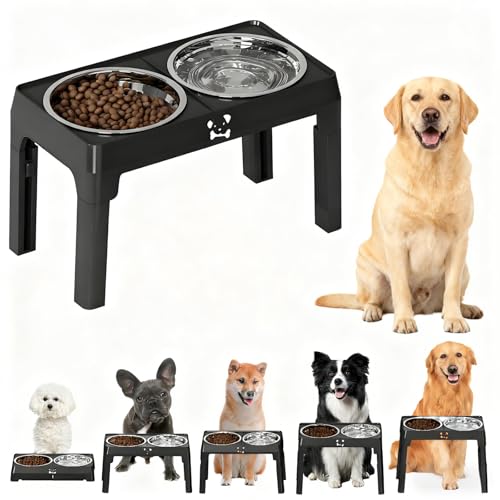 Elevated Dog Bowls Stand 5 Height Adjustable, Raised Dog Feeder with 2 Thick 50oz Stainless Steel Bowls, Non-Slip Pet Food Station for Medium & Large Breeds (Black)