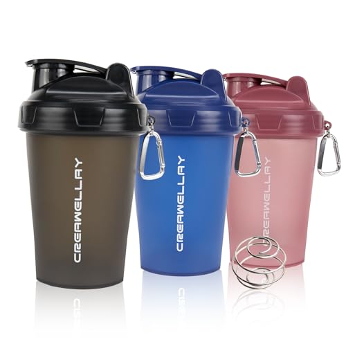 CREAWELLAY 3 Pack Shaker Bottles for Protein Mixes, 17 oz Small Protein Shaker Bottle with Handle, Gym Shaker Cups with Blending Ball for Pre Workout, BPA-Free & Dishwasher Safe (Black, Pink, Blue)