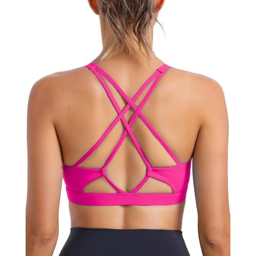 RUNNING GIRL Sports Bras for Women, Medium-High Impact Running Strappy Sports Bra with Removable Pads B-super Pink Large