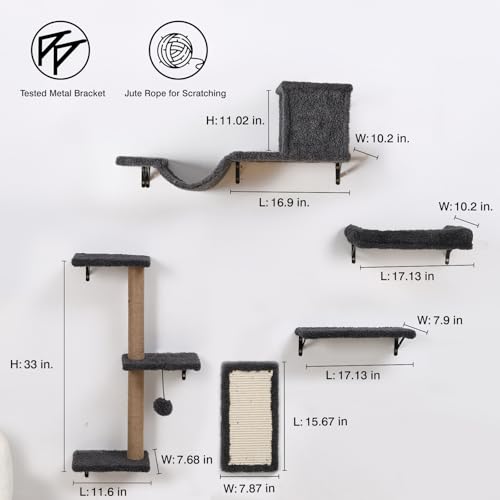 5-in-1 Cat Wall Shelves for Indoor Cats, Wall Mounted Cat Furniture with Bed, Cave, Scratching Post & Perch, Multi-Level Cat Climbing Wall, Space Saving Floating Cat Shelves (Natural Wood Darkgrey) - Thumbnail 7
