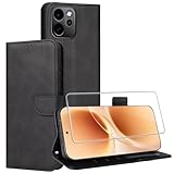Effcotuo Hülle für VIVO V70/V70 Elite Hülle mit 1 Schutzglas Panzerglas Schutzfolie, Klappbar Schutzhülle Leder Flip Hülle Kartenfach Ständer Handytasche Hüllen Etui Cover Klapphülle - Schwarz