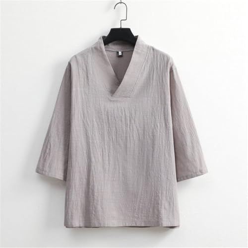 2025summer 3/4 Sleeve V-Neck Fashion T-Shirt Men's Two-Piece Linen Clothing Beach Casual Suit Comfortable Home Wear4