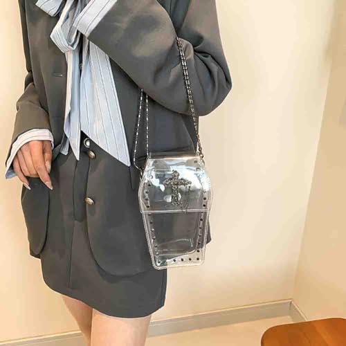Image of Gothic Rivet Coffin Shape Crossbody Bag, Women's Studded Cross Transparent Shoulder Bag, Novelty Vintage Punk Phone Purse