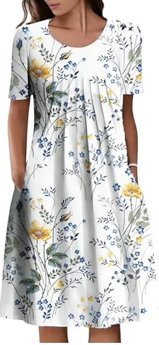 Image of LOVESHOOT Womens Summer Midi Dress 2026 Casual Short Sleeve A Line Dress with Pockets Evening Wedding Guest Work