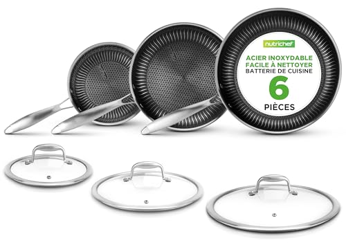 NutriChef Set de Poêles Inox Tri-Ply 6 Pièces – 3 Poêles (20, 26 et 30 cm) + 3 Couvercles, Revêtement Antiadhésif, Tous Feux dont Induction, Compatible Four, Lavable Lave-Vaisselle