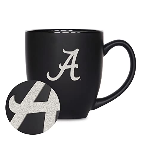 Rico Industries NCAA Alabama Crimson Tide Main 15oz Laser Engraved Matte Black Ceramic Bistro Mug - For Hot or Cold Drinks