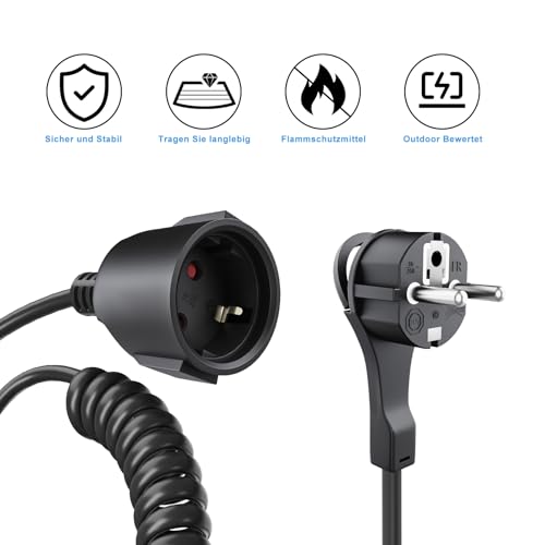 HITRENDS Spiralny kabel przedłużający, 3 m, ze stykiem ochronnym, przewód spiralny, rozciągliwy, 3 m Max, wtyczka euro, kabel spiralny, IP20, ochrona dla rodziny, zastosowań komercyjnych