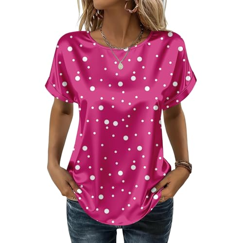 Women Short Sleeve Dressy Casual Loose Satin Blouse Fashion Round Neck Silk Shirts Summer Printed Business Tops