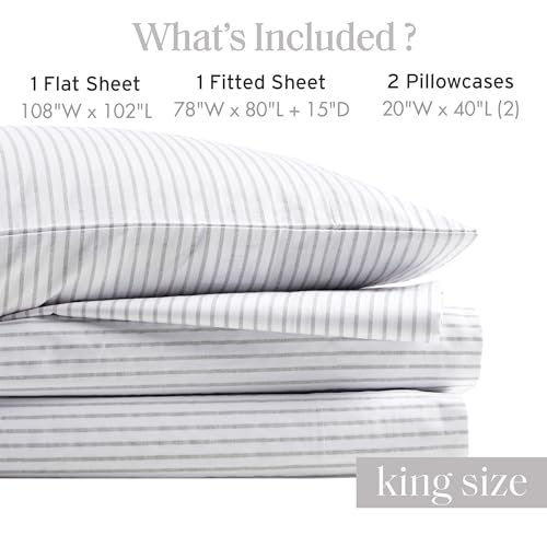 Image of Madison Park 100% Cotton Sheets, King Size, 200TC, Grey Stripe, 4 Piece | Breathable & Soft Sheet Set, Printed Design, All Season Comfort, Elastic Deep Pocket Fits Up to 17 inch Mattress, OEKO-TEX