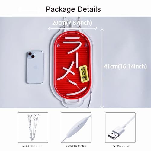 Image of Japanese Ramen Neon Sign,Japanese Noodles Wall Decor LED Light Sign | Neon Lights Hanging Wall Art Decoration for Japanese Restaurant Men Cave Bar Shop Store,USB Powered Dimmable,16*7.8inches