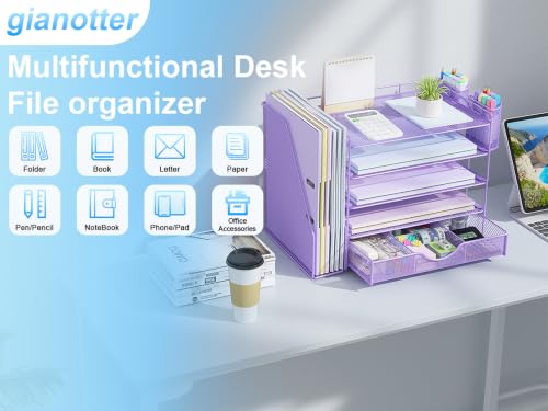 Image of gianotter 5-Tier Desk Organizer with Drawers and File Holders | Letter Trays and Pen Holders - Workspace Accessories for Office Supplies (Light Purple)