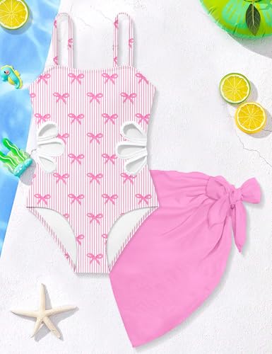 Image of Girls Swimsuit Adjustable Straps Cut Out One Piece Bathing Suit with Solid Color Cover Up Skirt Girls' Swimwear 5-16Y