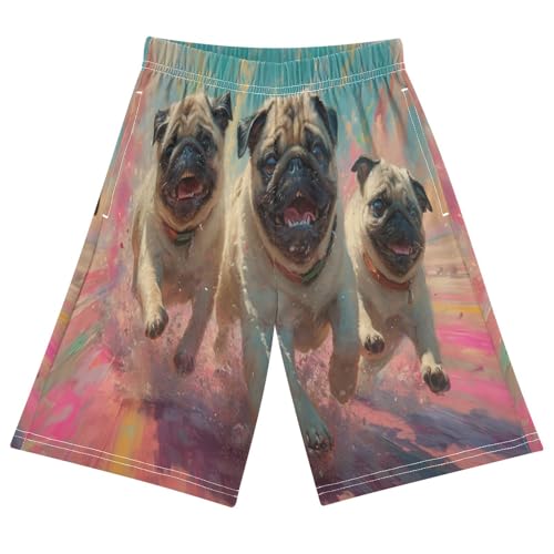 ALAZA Three Pug Dog Puppy Boys Athletic Shorts Kids with Pockets Shorts for boy Girl Size 6-8 Years Multicolor