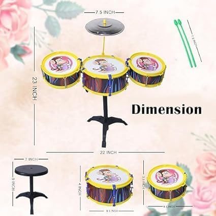 Image of Fully Kids Drum Set | Musical Drum Sets for Kids | Kid Musical Toys Jazz Drum with 3 Drums, 1 Stool and 1 Stand for Boys Girls Age 1 to 5 Years | Music Instrument Kid Birthday Gifts