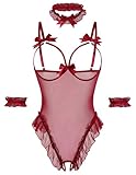 Avidlove Womens Lingerie Bodysuit 4 Piece Set Sheer Mesh Teddy Babydoll with Detachable Collar and Wrist Cuffs