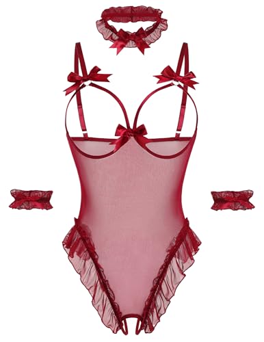 Avidlove Womens Lingerie Bodysuit 4 Piece Set Sheer Mesh Teddy Babydoll with Detachable Collar and Wrist Cuffs