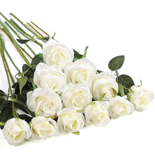 CHAOTEMAI 12 Pezzi Rose Artificiali, Rose Rosse Artificiali in Seta Bouquet Fiori Finti di Rosa con Steli Lunghi per San Valentino Composizioni di Nozze Casa Giardino Partito Decorazioni (Bianco)