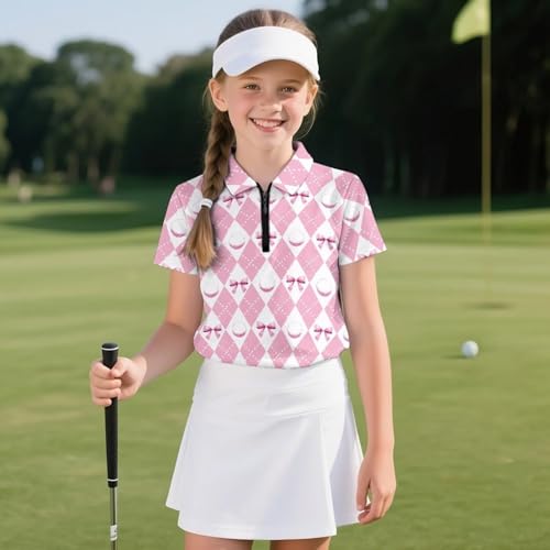 Girls 1/4 Zip Collared Golf Shirt 5-12 Y Kids Short Sleeve Golf Tops Summer Novelty Graphic Tennis Shirts3