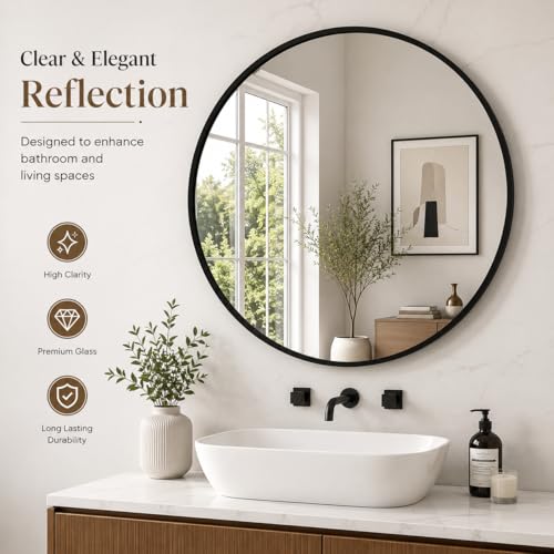Image of Plantex Aluminium Frame Mirror for Wall /Mirror for Bathroom /Round Mirror for Bathroom /Wall Mount Mirror for Bedroom /Dressing Room /Living Room /Entryway - Shatterproof Mirror (24inch-Brushed Black)
