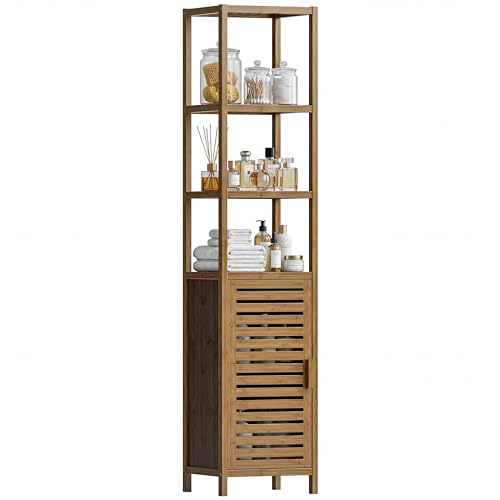 HITNET Bad Hochschrank Walnuss, Schmaler Badschrank Bambus Badzimmerschrank mit offenen Regal und Verstellbare Ablagen für Badezimmer Küche Wohnzimmer