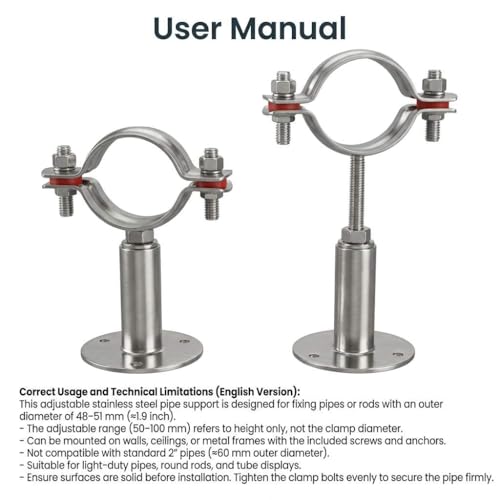 QWORK Adjustable 2" OD Pipe Wall & Ceiling Mount Support – Stainless Bracket Clamp for Rods, Tubes & Display Pipes by QWORK - Used condition - US$8.66