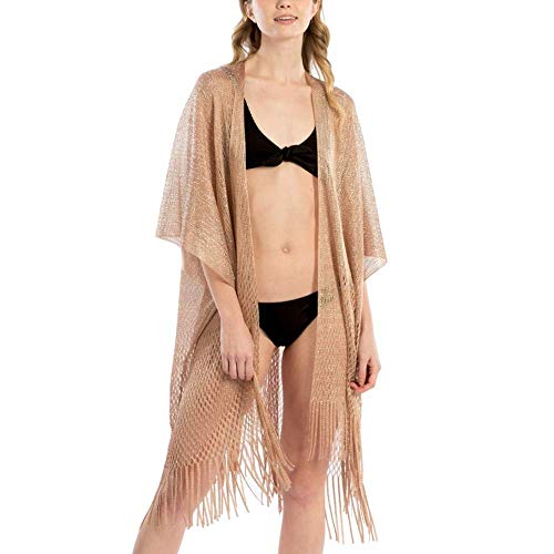 by you Women Fashion Summer Beach Metallic Net Bikini Shawl Cover Up Kimono Cardigan (Metallic Net Shawl - Rose Gold)