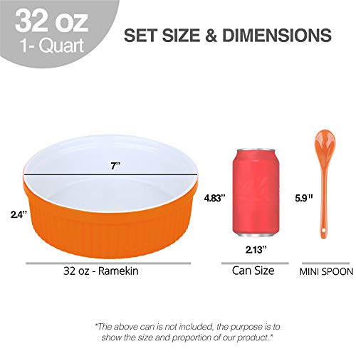 Souffle Dish Ramekins for Baking – 32 Oz, 1 Quart Large Ceramic Oven Safe Round Fluted Bowl with Mini Condiment Spoon for Soufflé Pot Pie Casserole Pasta Roasted Vegetables Baked Desserts (Orange Set)