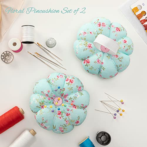Neoviva Pincushions For Sewing With Wristband, Cute Wrist Pin Cushion For Daily Needlework, Style Pumpkin, Pack Of 2, Floral Blue Ocean #TOP1
