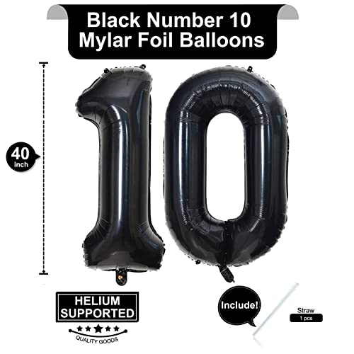 Image of 40 Inch Black 10 Number Balloons Giant 10 Balloons Black Birthday Balloons 10th Birthday Anniversary Events Party Decorations Supplies
