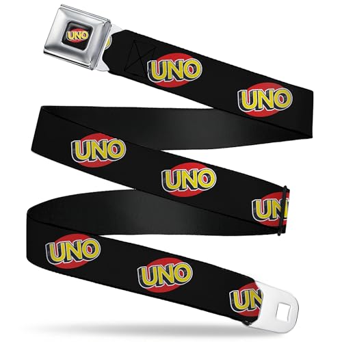 Mattel Belt, Seatbelt Buckle Belt, UNO Game Logo Black Red Yellow, 24 to 38 Inches
