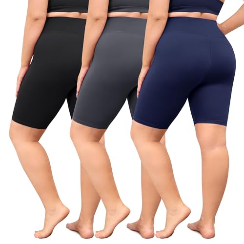 VALANDY Creamlush Short de motard pour femme – Short de yoga athlétique taille haute de 20,3 cm (S à 5XL), 3 paires noir/gris foncé/bleu marine, 4XL