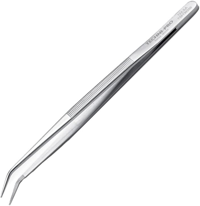 758TW200-5.9' Industrial Tweezers, Style 122, Anti-Acid/Anti-Magnetic Stainless Steel, Bent, Thick, Serrated