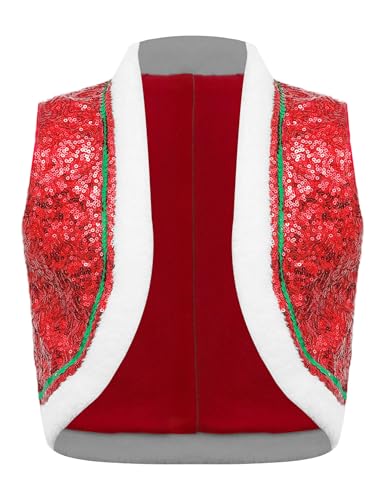 Moily Boys Girls Christmas Vest Shiny Sequins Sleeveless Faux Fur Hem Santa Elf Waistcoat for Festival Performance