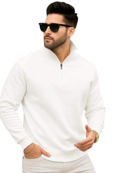 Image of Mens Half Zip High Neck Fleece Sweatshirt Full Sleeve Casual Winter Pullover Everyday Comfortable Top White M