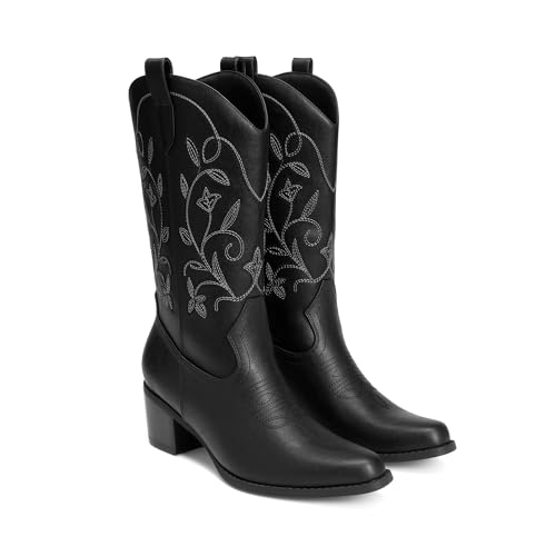 Image of DREAM PAIRS Cowboy Boots for Women Cowgirl Western Boots Fashion Embroidery Stitched Chunky Heel Mid Calf Boots
