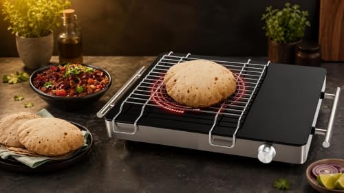 Image of Cooktop Stove with Grill Rack for Barbecue, Crystal Glass Plate, Digital Display, Touch Control, Infrared Hot Plate With tong Combo (grill-5)