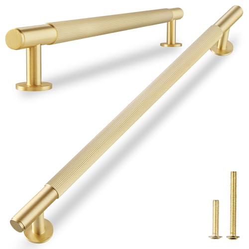 QOGRISUN 2-Pack Solid Brass Cabinet Pulls, Grooved Gold Bar Handles, 7-9/16-Inch Hole Center for Kitchen Drawer Dresser Cupboard, 9.5-Inch Total Length, Brushed Brass Finish – Eleganza by QOGRISUN - Used condition - US$25.09