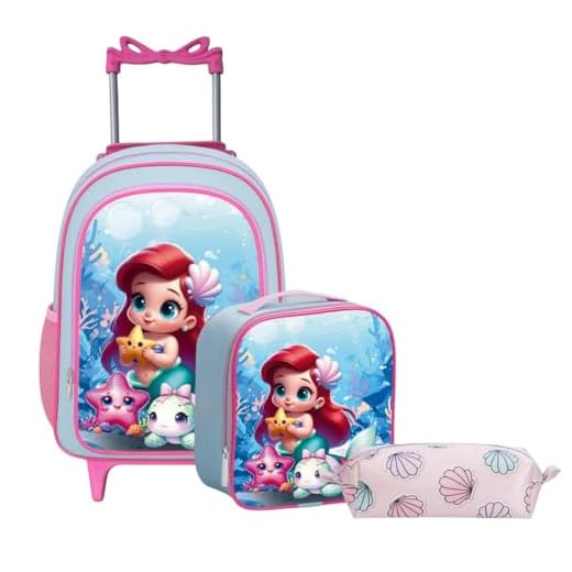 Kit Mochila Escolar com Rodinhas Infantil + Lancheira Térmica + Estojo | Kit Bolsa 3 Peças Menina