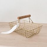 【暮らしになじむオシャレなバスケット】ワイヤーバスケット かご 収納 持ち手つき アイアン 天然木 真鍮風 ハンドル 角形 長方形 アンティーク シトア