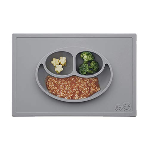 ezpz Happy Mat (Gray) - 100% Silicone Suction Plate with Built-in Placemat for Toddlers + Preschoolers - Divided Plate - Dishwasher Safe - 24 Months+