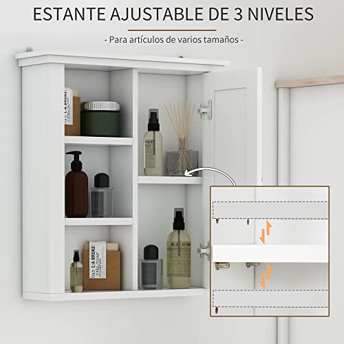 Miniatura 5 de Homcom Armario De Baño De Pared Multifuncional Gabinete Para Ahorro De Espacio Con 3 Niveles Abiertos 1 Puerta Estante Ajustable Antivuelco 53x14,5x50,5 Cm Blanco