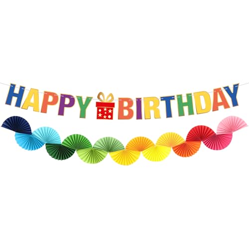 KatchOn Pre Strung Happy Birthday Banner with Paper Fan Garland Set Rainbow Birthday Banner Happy Birthday Sign Pastel Paper