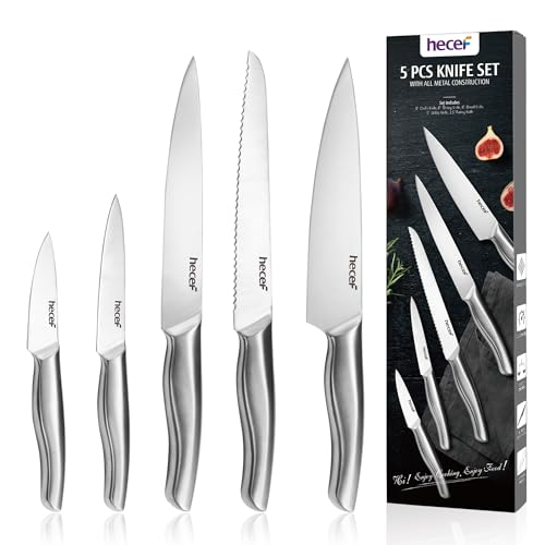 hecef Knife Set, 5 Pieces Knives Set for Kitchen, Stainless Steel Blade with Ergonomics Curved Handle, Profi Chef Knife, Bread Knife, Santoku Knife, Utility Knife, Paring Knife hecef Knife Set, 5 Pieces Knives Set for Kitchen, Stainless Steel Blade with Ergonomics Curved Handle, Profi Chef Knife, Bread Knife, Santoku Knife, Utility Knife, Paring Knife