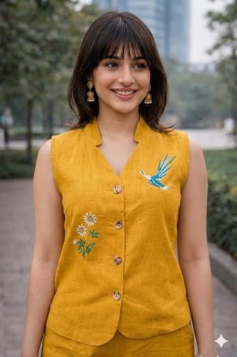 Image of Lyssa Yellow Ember Embroidered Co-Ord Set for Women, Sleeveless Vest with Wide-Leg Trousers