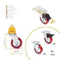 Emuca - Rollen-Kit Red mit montierter Platte, Rote Räder Ø75mm, 2 Rollen mit Bremse und 2 Rollen ohne Bremse, Stahl und Kunststoff – Ansicht 4