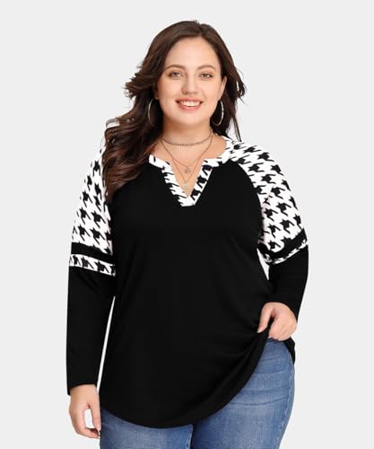 Image of CARCOS Plus Size Tops for Women Long Sleeve Fall Tunic Color Block Camo /Plaid /Leopard /Fall Blouse Crewneck Tshirt XL-5XL