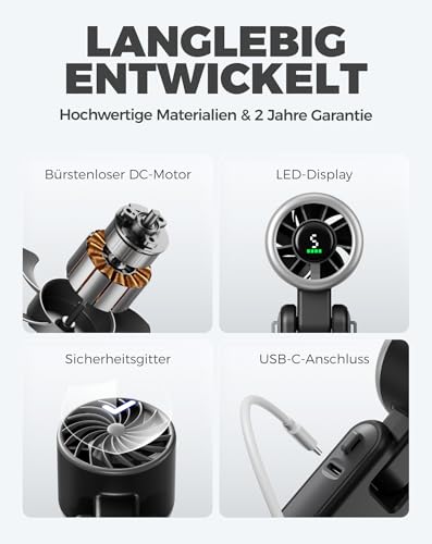 Diveblues Tragbarer Turbo Handventilator, 9m/s Hohe Geschwindigkeit, 5-stufiger Wind, wiederaufladbarer Akku, 3-in-1 Hand-, Hals- & Tischventilator, bis zu 12 Stunden, für Reisen, Büro & Outdoor 6